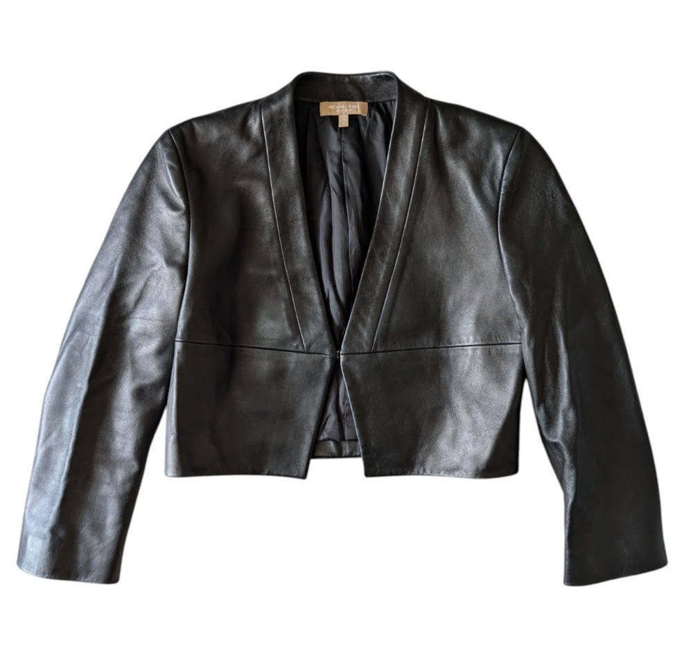 Michael Kors Collection Black Collarless Lamb Leather Crop Bolero Jacket Size 0